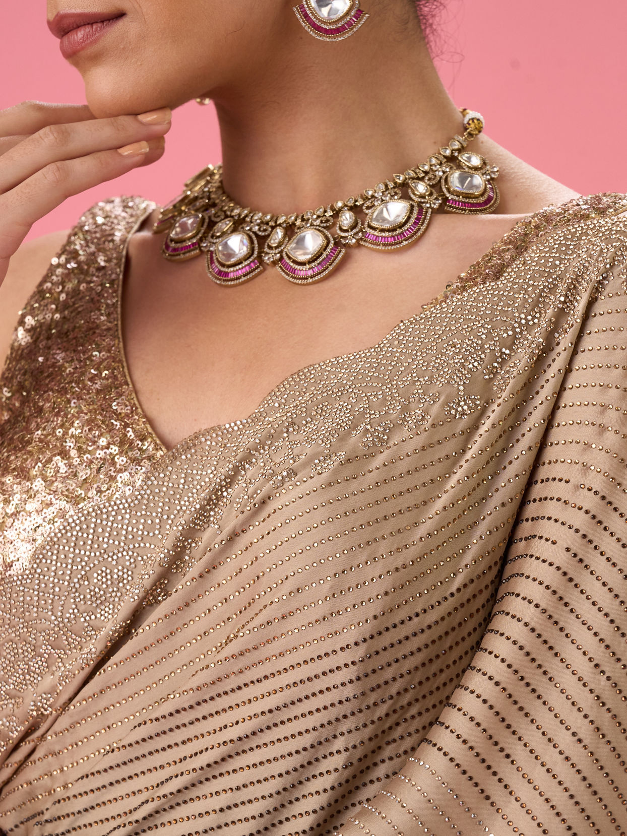 Mohey Women Beige Satin Celebration Saree