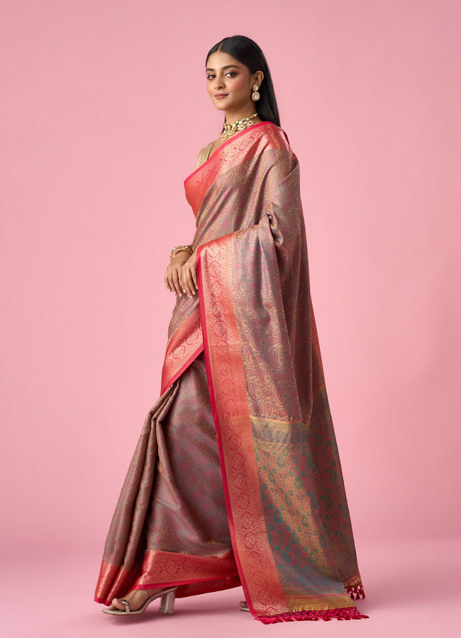 Mohey Women Peach Silk Saree with Weave Detail