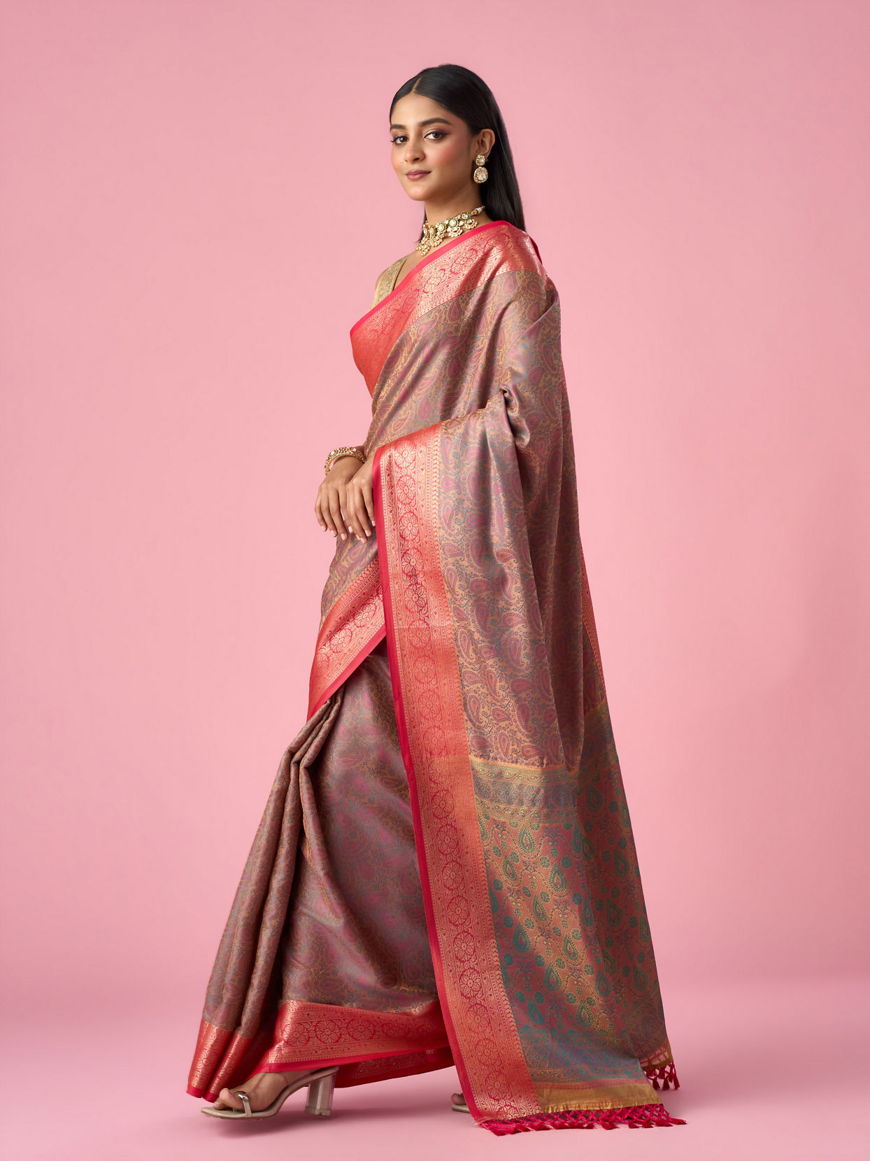 Mohey Women Peach Silk Saree with Weave Detail