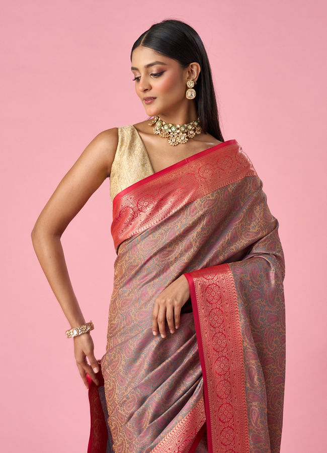 Mohey Women Peach Silk Saree with Weave Detail