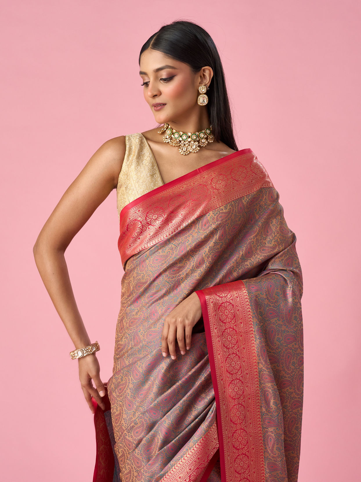 Mohey Women Peach Silk Saree with Weave Detail