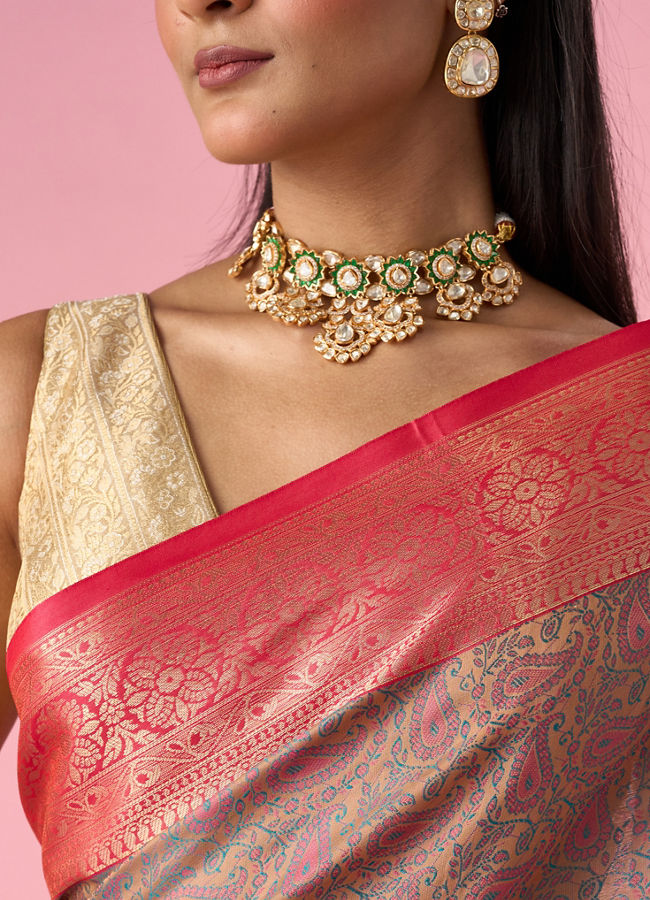 Mohey Women Peach Silk Saree with Weave Detail