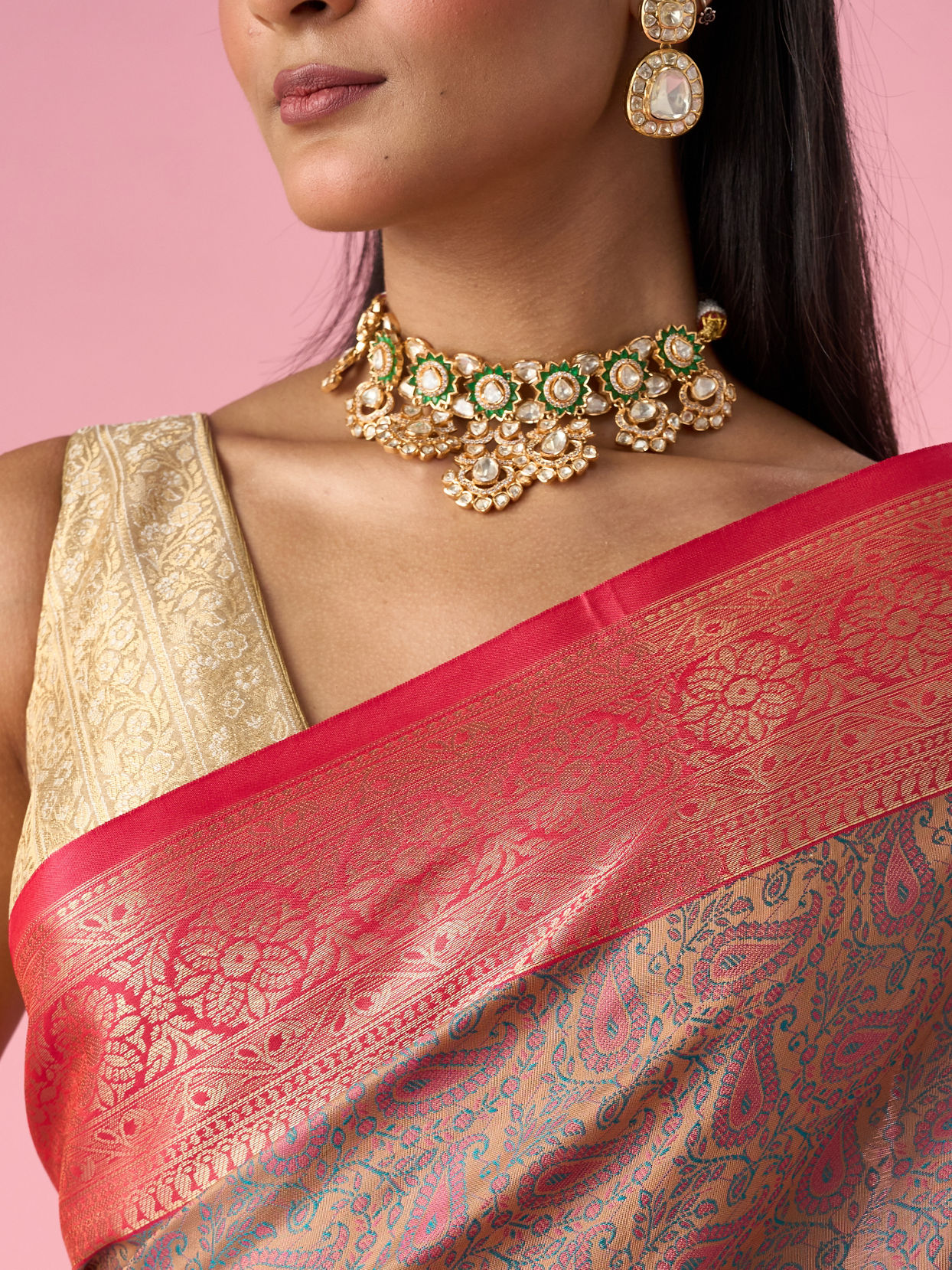 Mohey Women Peach Silk Saree with Weave Detail