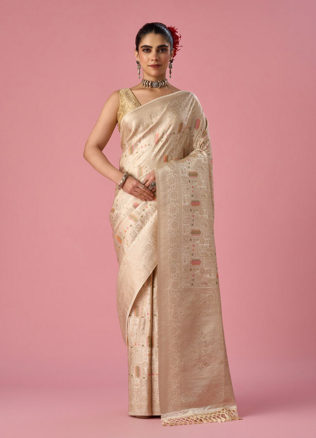 Mohey Women Cream Art Silk Saree with Weave Design