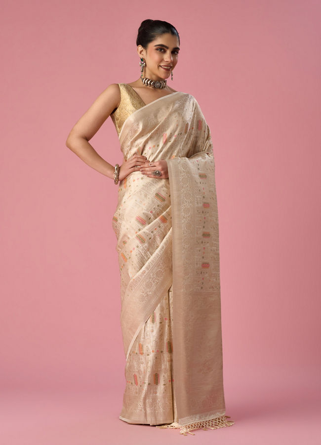 Mohey Women Cream Art Silk Saree with Weave Design