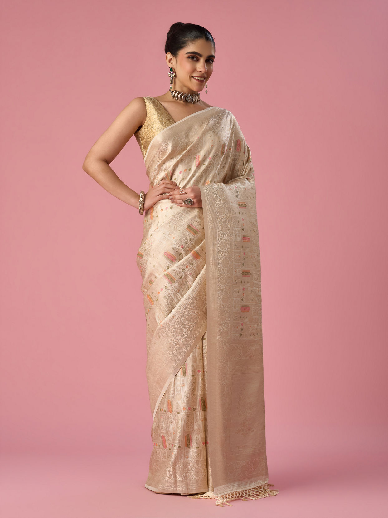 Mohey Women Cream Art Silk Saree with Weave Design