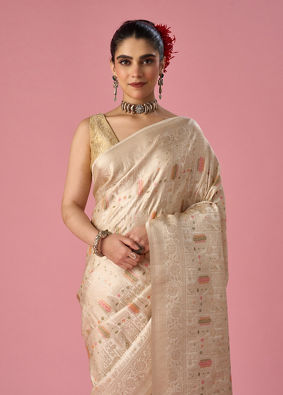 Mohey Women Cream Art Silk Saree with Weave Design