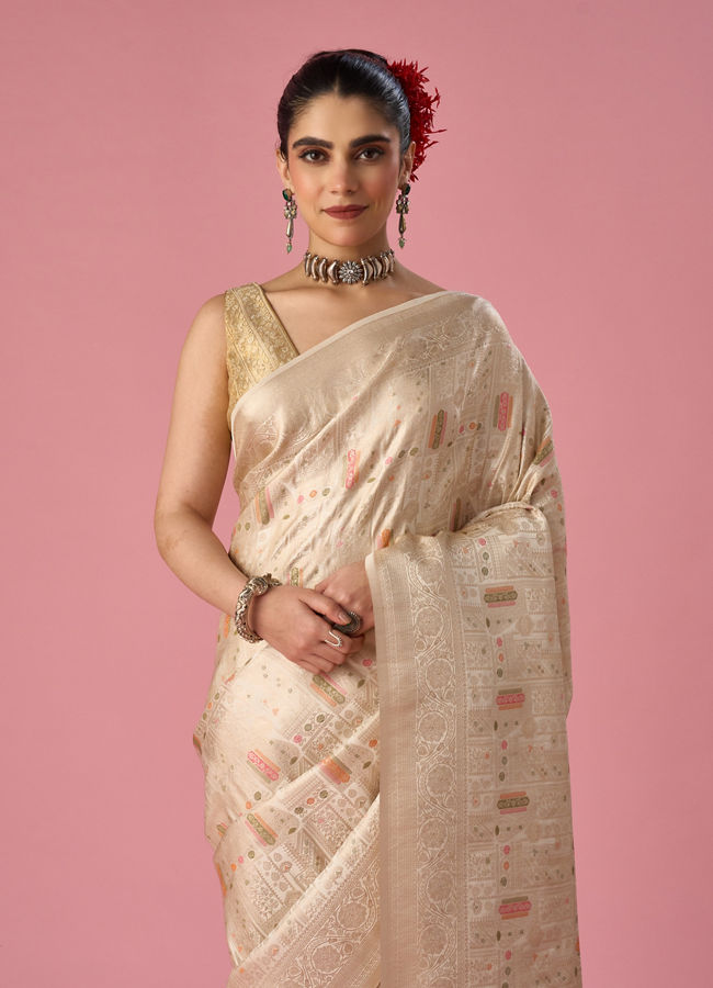 Mohey Women Cream Art Silk Saree with Weave Design
