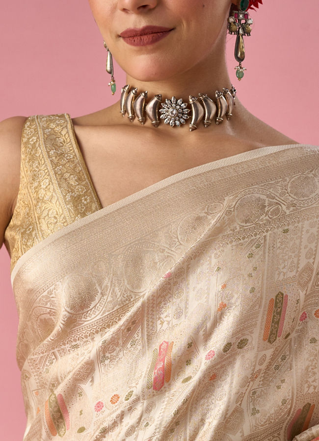 Mohey Women Cream Art Silk Saree with Weave Design