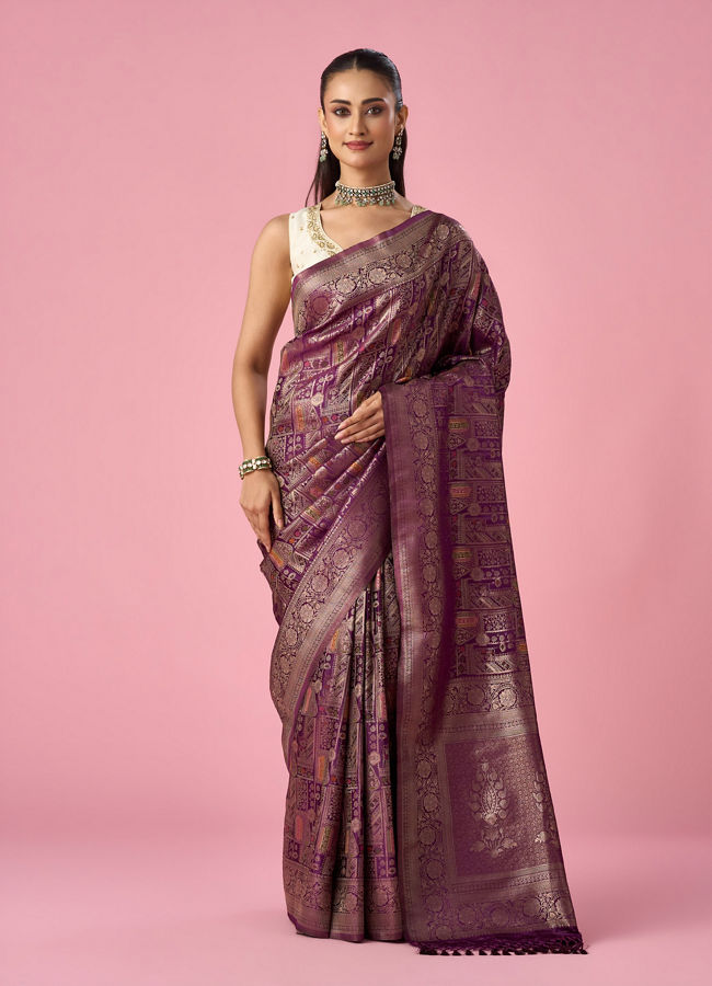 Mohey Women Wine Silk Banarasi Saree with Weave Design