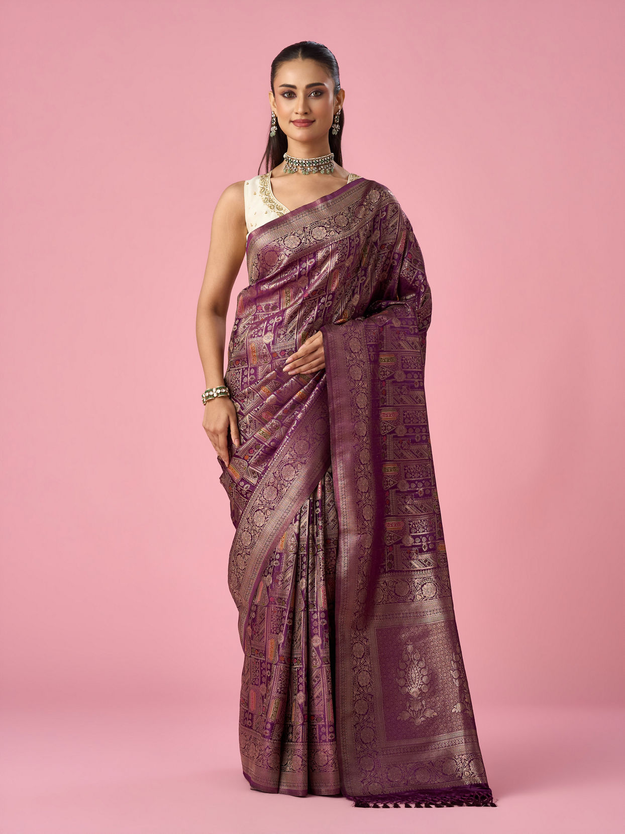 Mohey Women Wine Silk Banarasi Saree with Weave Design