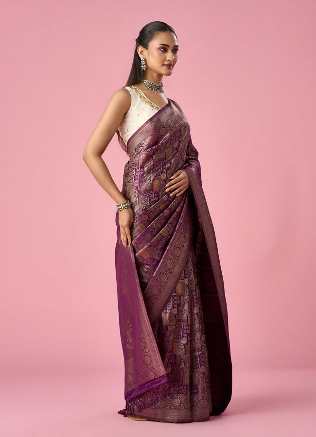 Mohey Women Wine Silk Banarasi Saree with Weave Design