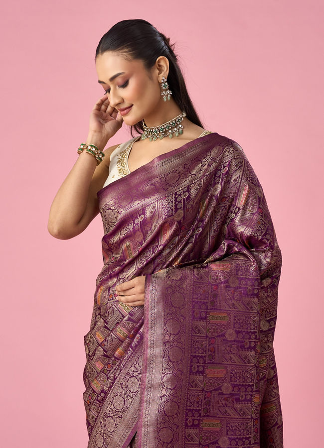 Mohey Women Wine Silk Banarasi Saree with Weave Design