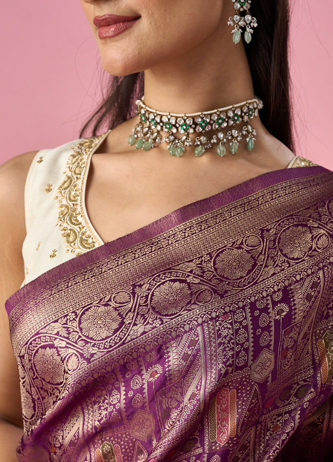 Mohey Women Wine Silk Banarasi Saree with Weave Design