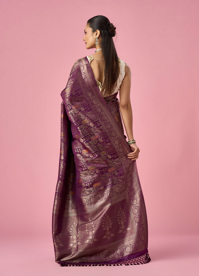 Mohey Women Wine Silk Banarasi Saree with Weave Design