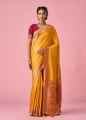 Mohey Women Mustard Yellow Silk Banarasi Saree with Weave Design