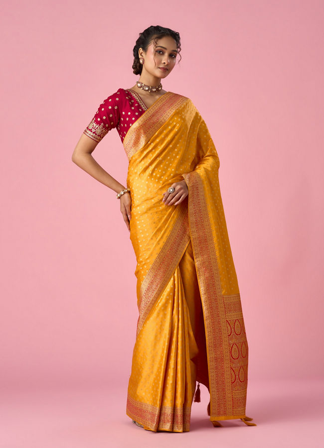 Mohey Women Mustard Yellow Silk Banarasi Saree with Weave Design
