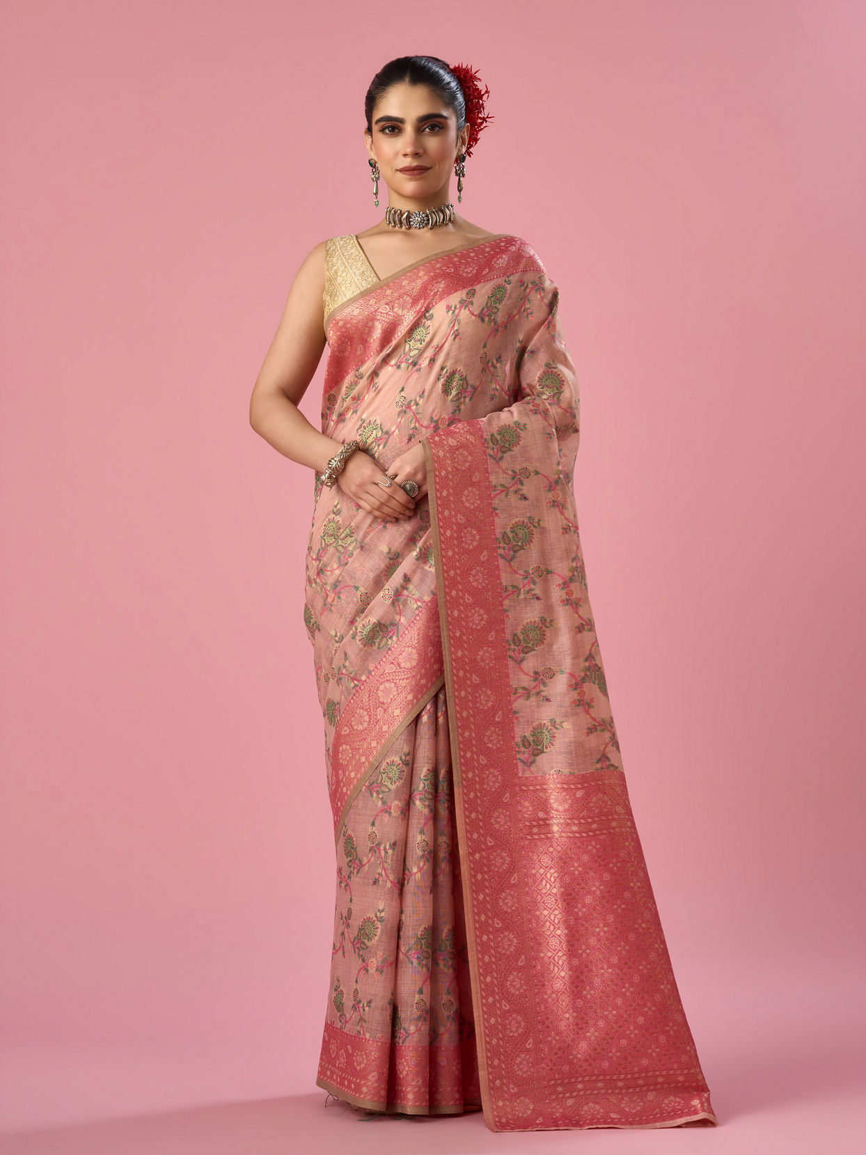 Mohey Women Pink Art Silk Saree with Weave Design