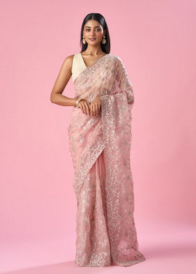 Mohey Women Pink Organza Saree with Sequin and Thread Work