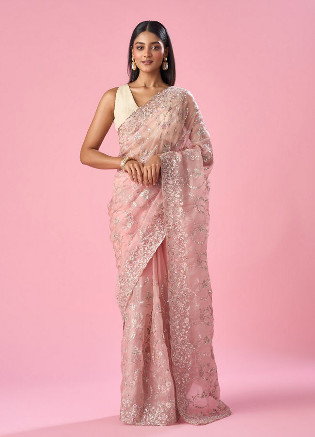 Mohey Women Pink Organza Saree with Sequin and Thread Work
