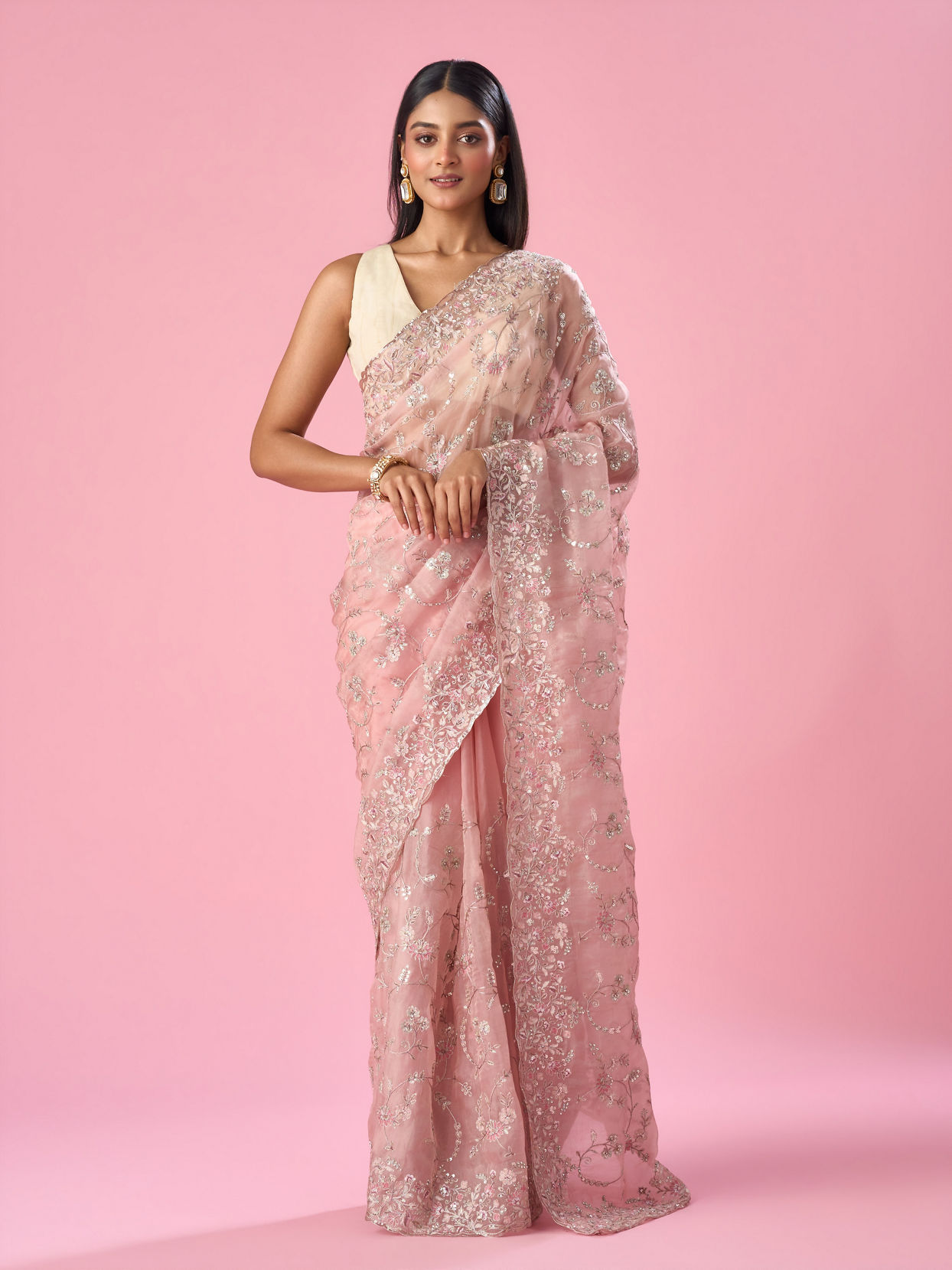 Mohey Women Pink Organza Saree with Sequin and Thread Work