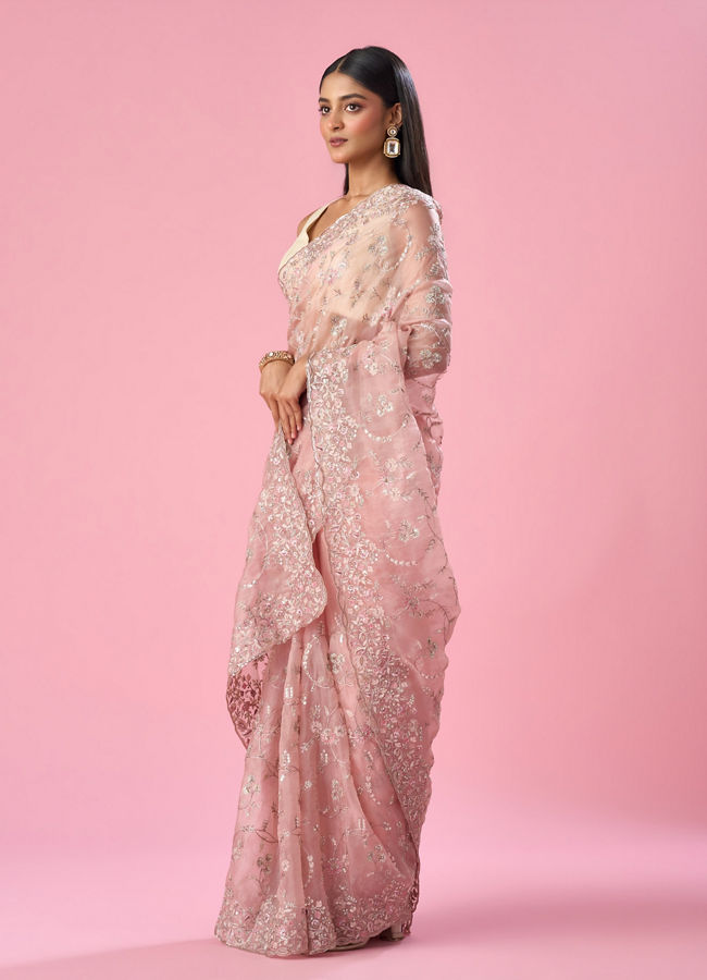 Mohey Women Pink Organza Saree with Sequin and Thread Work