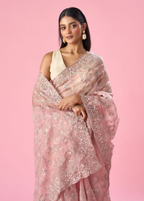 Mohey Women Pink Organza Saree with Sequin and Thread Work