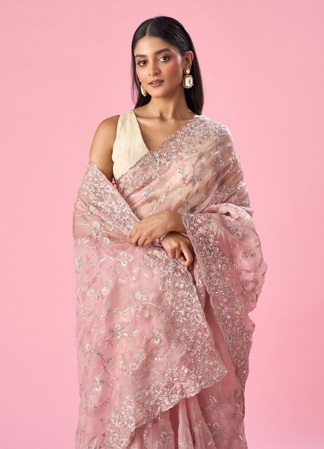 Mohey Women Pink Organza Saree with Sequin and Thread Work
