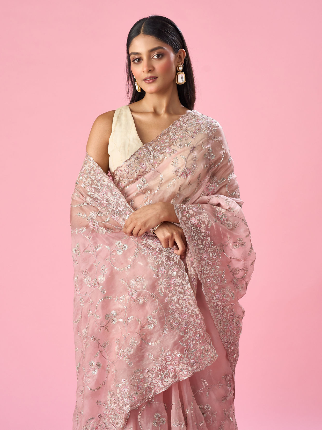 Mohey Women Pink Organza Saree with Sequin and Thread Work