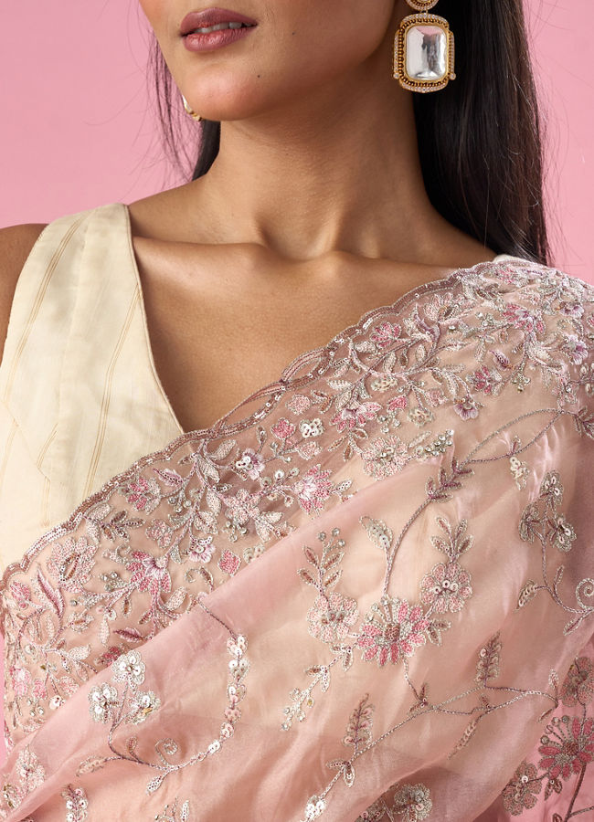 Mohey Women Pink Organza Saree with Sequin and Thread Work