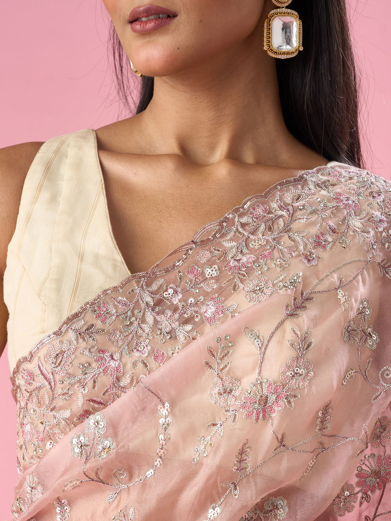 Mohey Women Pink Organza Saree with Sequin and Thread Work
