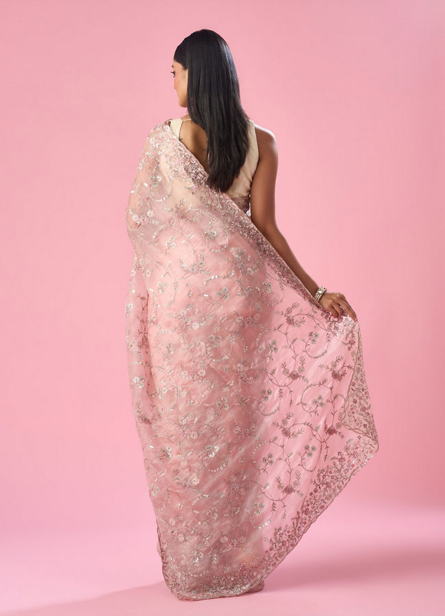 Mohey Women Pink Organza Saree with Sequin and Thread Work