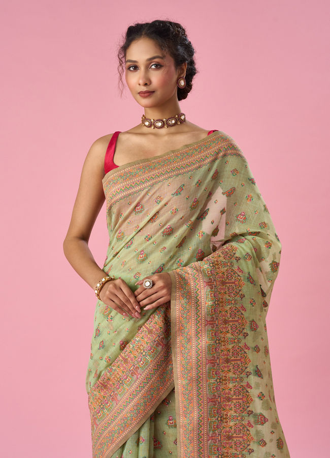 Mohey Women Green Silk Banarasi Saree with Weave Design