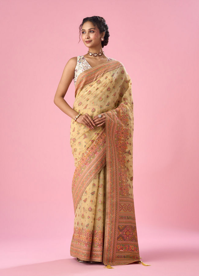 Mohey Women Light Yellow Art Silk Saree with Weave Design