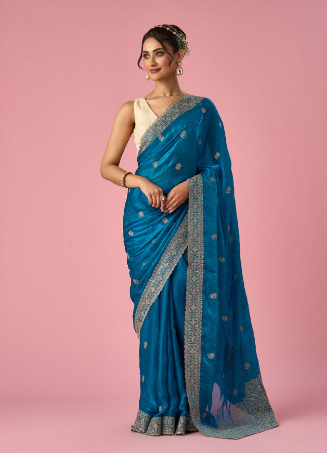 Mohey Women Blue Organza Saree with Stone Work