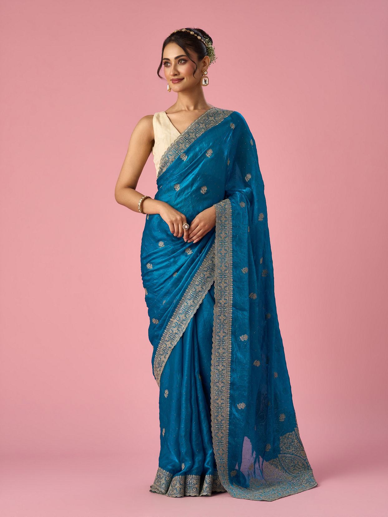 Mohey Women Blue Organza Saree with Stone Work