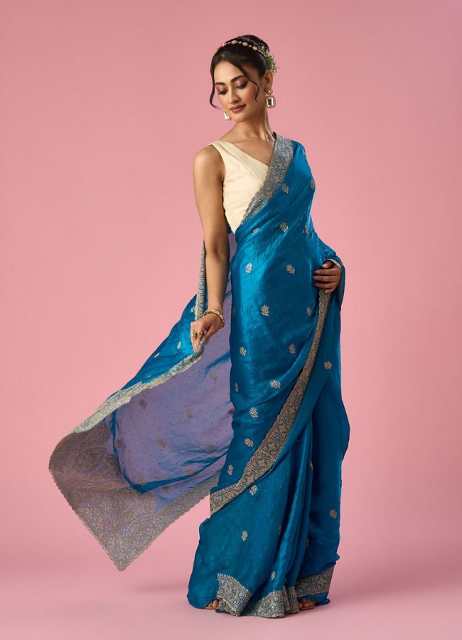 Mohey Women Blue Organza Saree with Stone Work