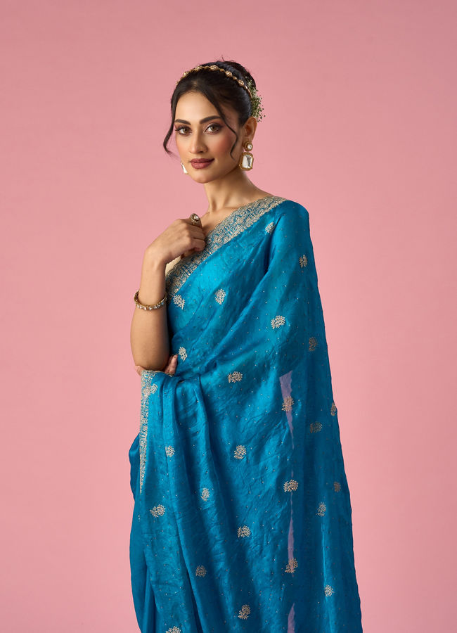 Mohey Women Blue Organza Saree with Stone Work