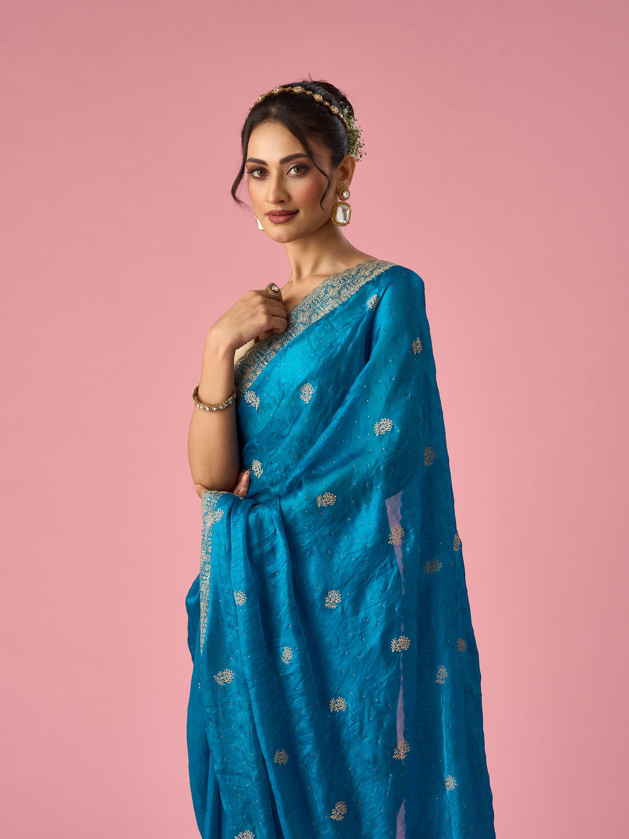 Mohey Women Blue Organza Saree with Stone Work