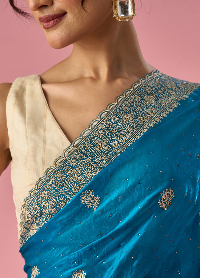 Mohey Women Blue Organza Saree with Stone Work