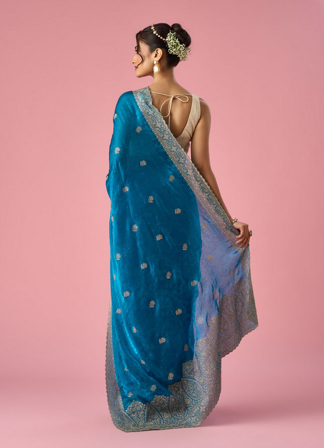Mohey Women Blue Organza Saree with Stone Work