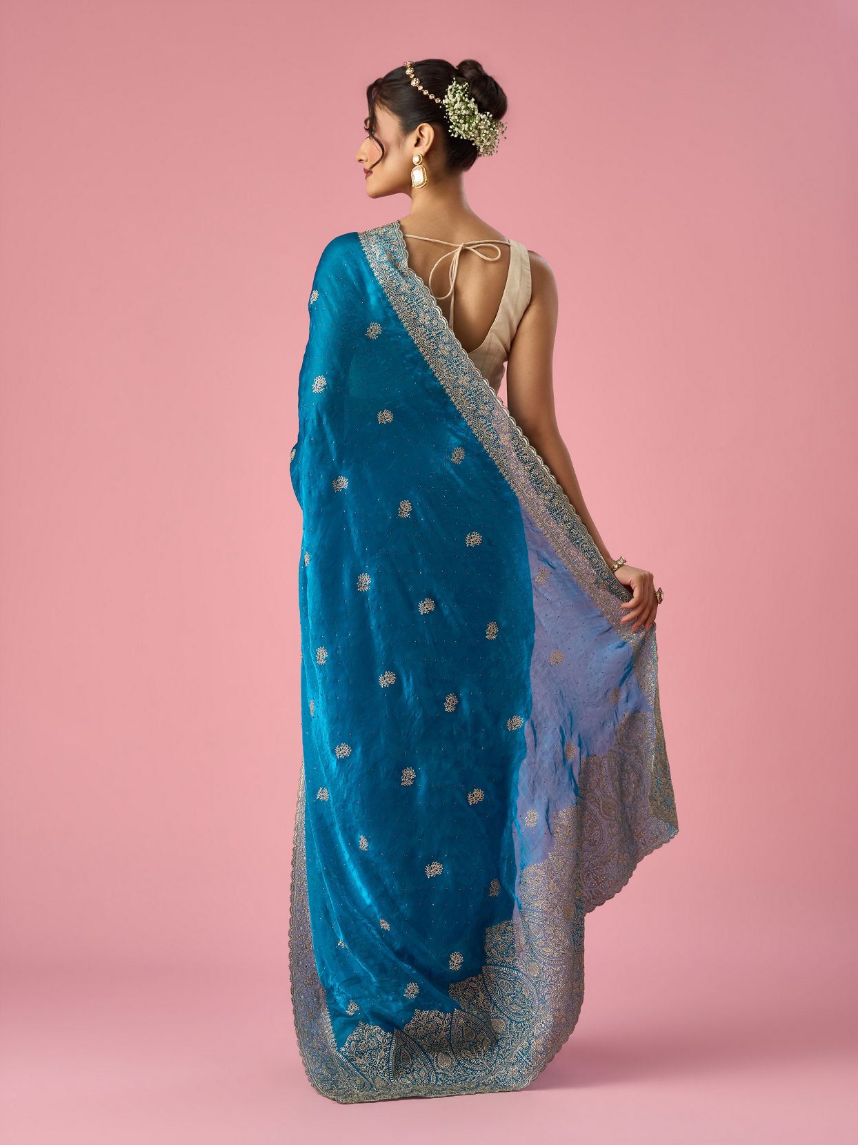 Mohey Women Blue Organza Saree with Stone Work