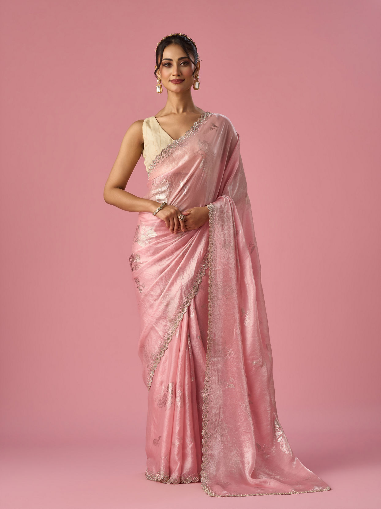 Mohey Women Pink Organza Saree with Stone Work