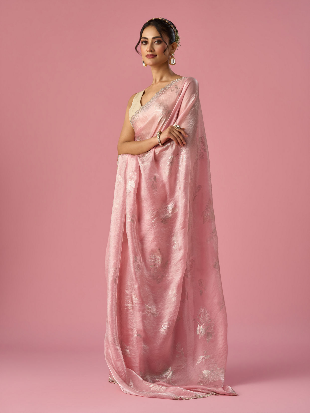 Mohey Women Pink Organza Saree with Stone Work