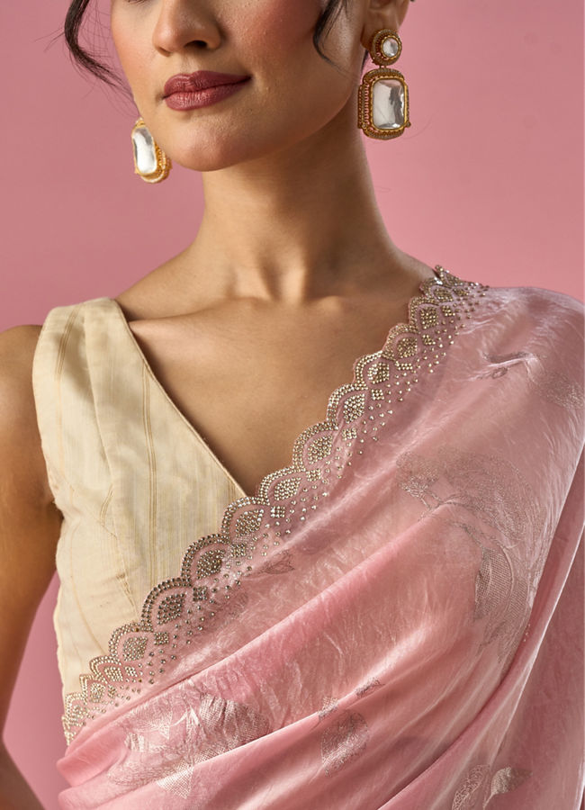 Mohey Women Pink Organza Saree with Stone Work