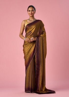 Mohey Women Gold Organza Saree with Print and Stone Work