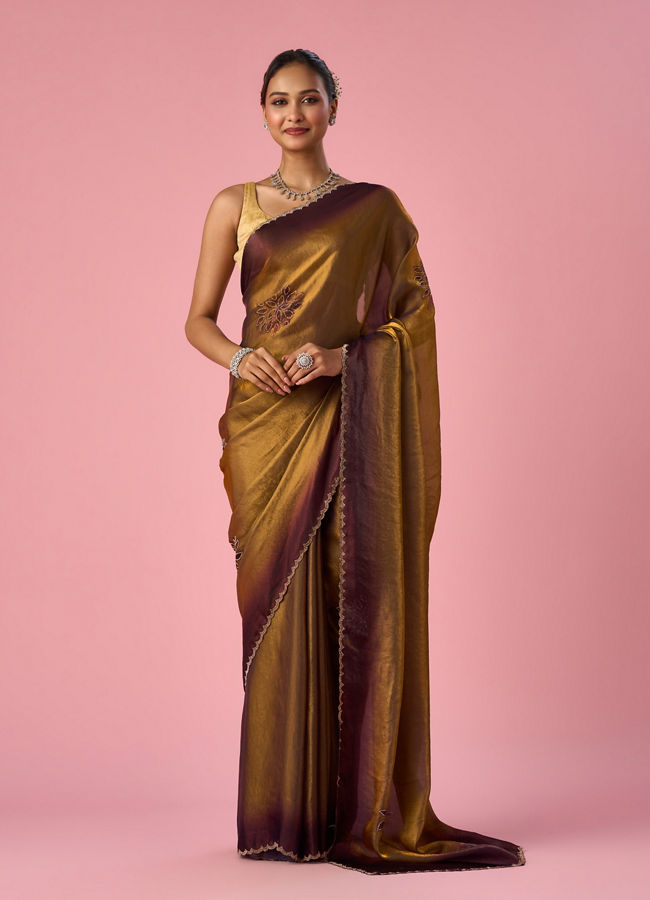 Mohey Women Gold Organza Saree with Print and Stone Work