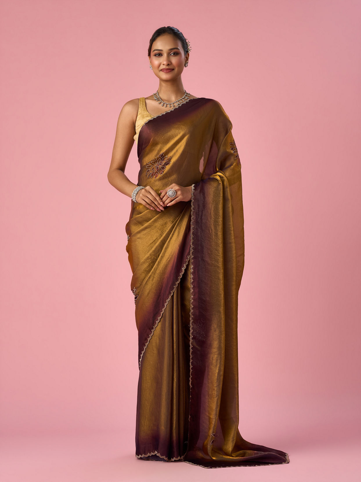 Mohey Women Gold Organza Saree with Print and Stone Work