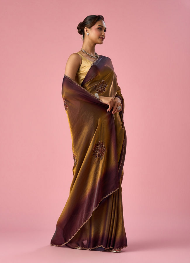 Mohey Women Gold Organza Saree with Print and Stone Work