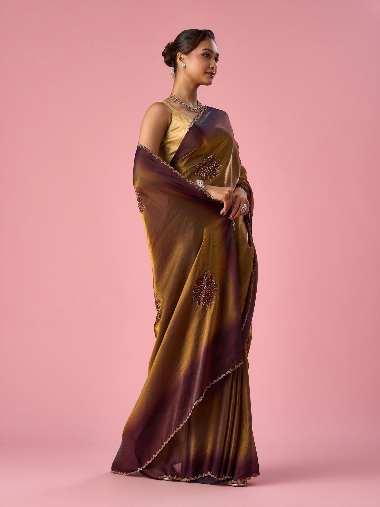 Mohey Women Gold Organza Saree with Print and Stone Work